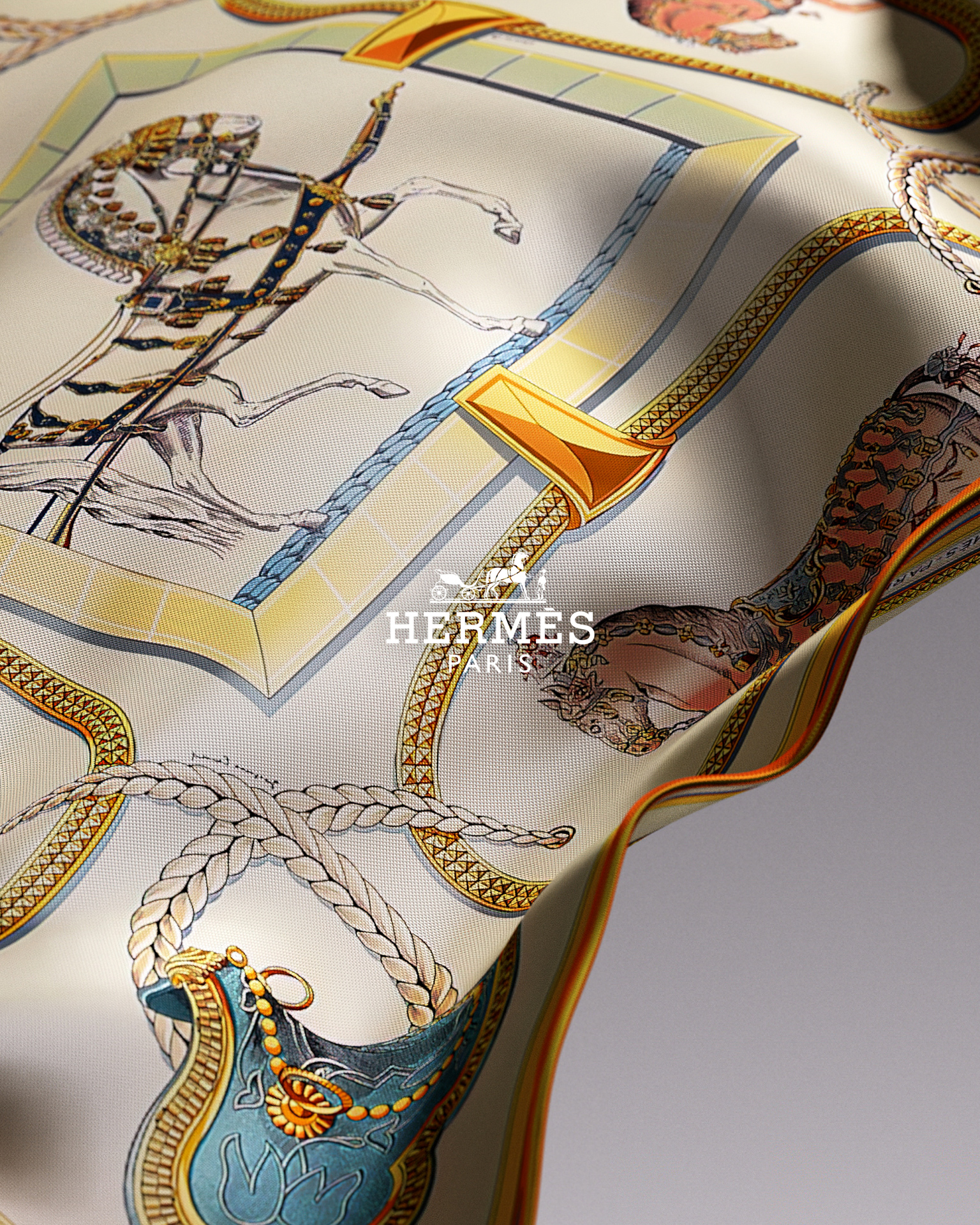 Extreme close-up of a folded silk scarf featuring detailed illustrations of equestrian gear and harnesses in gold, blue, cream and rust tones with fine line work and decorative borders.